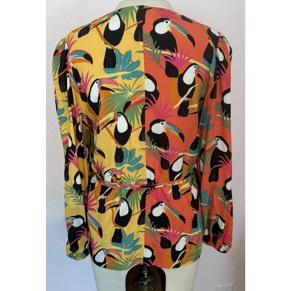 Farm Rio Wrap Shirt Sz Small Tropical Toucan Beaded Tassels Boho Career Casual - Picture 6 of 16